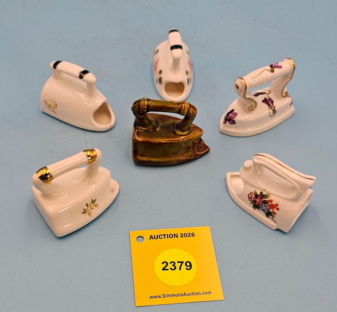 Lot of 6, 5 iron toothpick holders, one iron figurine: Lot of 6, 5 iron toothpick holders, one iron figurine