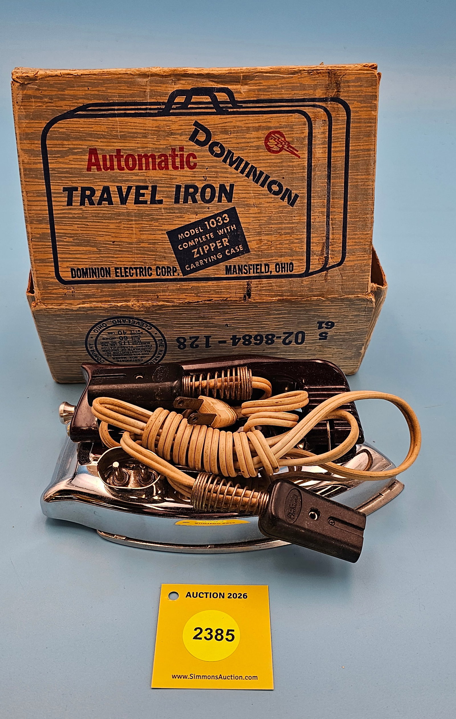 Dominion Automatic Travel Iron Model 1033 w/carrying case and original box, Dominion Electric Corp.: Dominion Automatic Travel Iron Model 1033 w/carrying case and original box, Dominion Electric Corp. Mansfield, Ohio