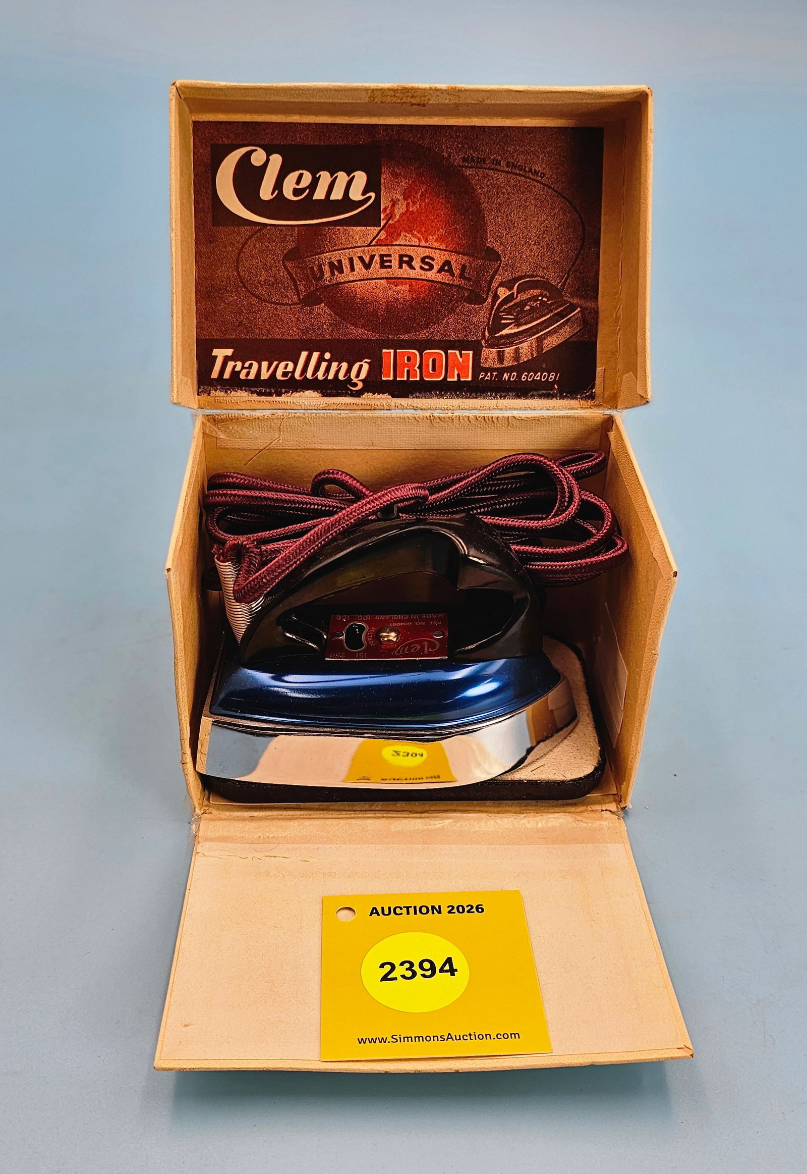 Clem Travelling Iron Pat No 604081, Blue, in box (1 of 1)