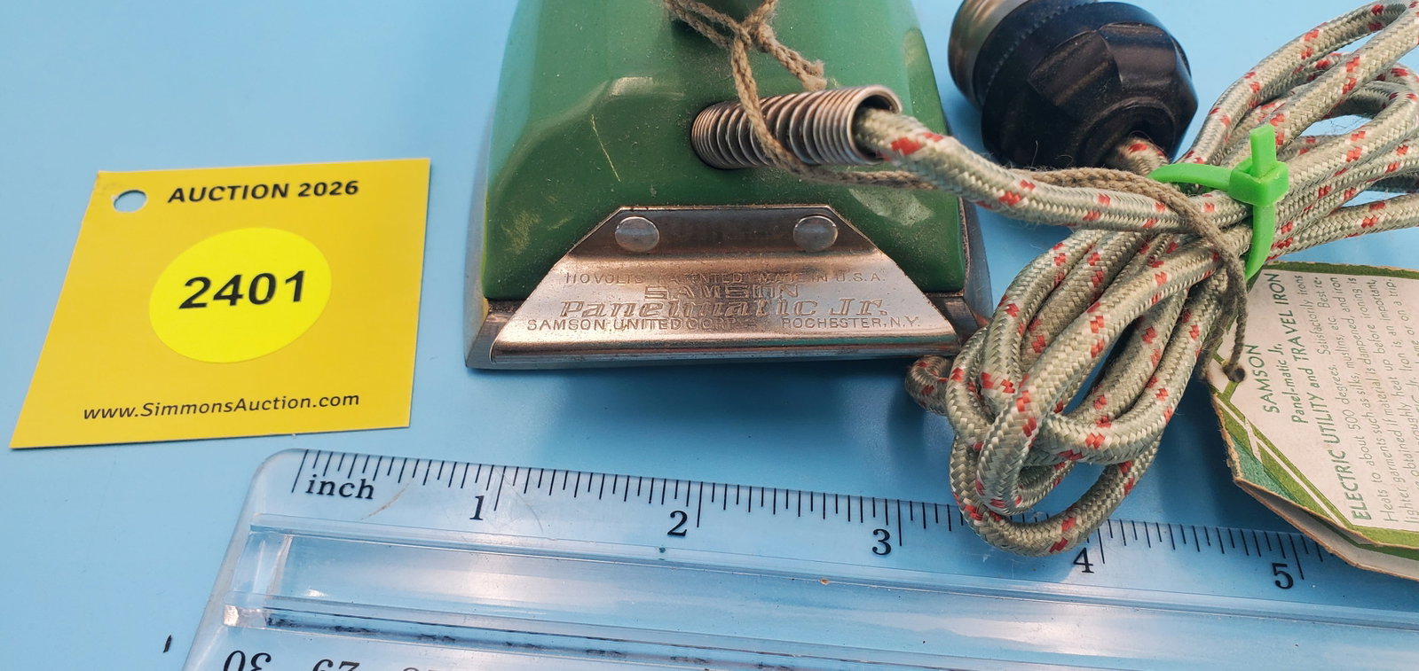 Samson United Corp, Panelmatic Jr. Rochester NY, Utility Iron, Green w/tag L 5 1/8" - 3