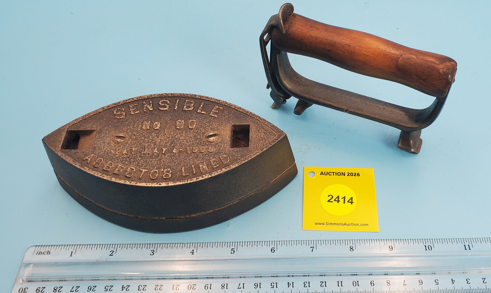 Cold Handle, Sensible Asbestos Lined, No 90, Pat May 5, 1908, L 6 1/2" - 2