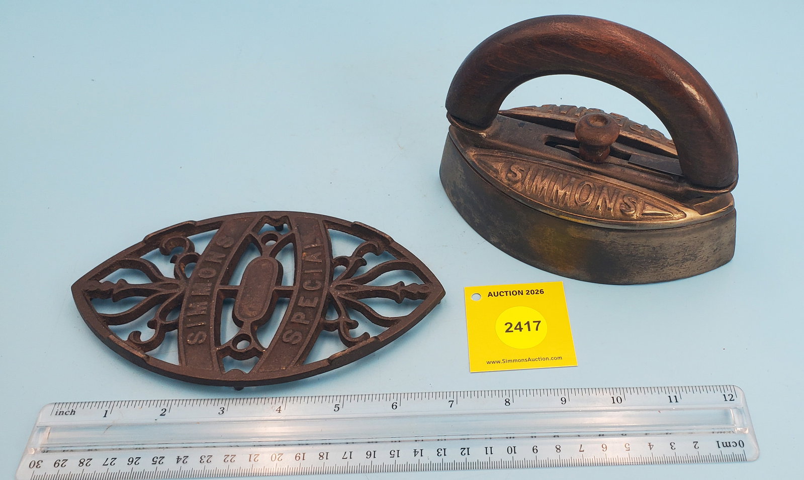 Cold Handle, Simmons Special, dome top, about 1900, L 6 1/8" w/Simmons Special trivet - 2