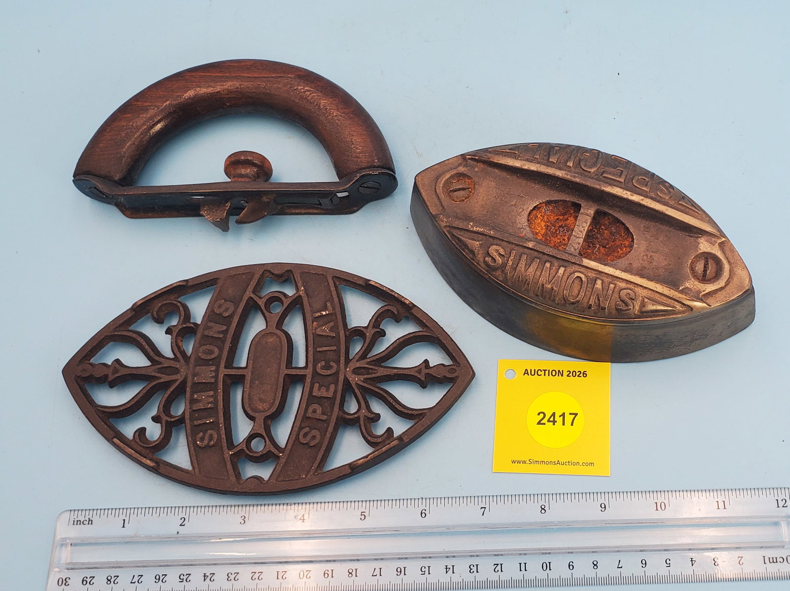 Cold Handle, Simmons Special, dome top, about 1900, L 6 1/8" w/Simmons Special trivet - 3