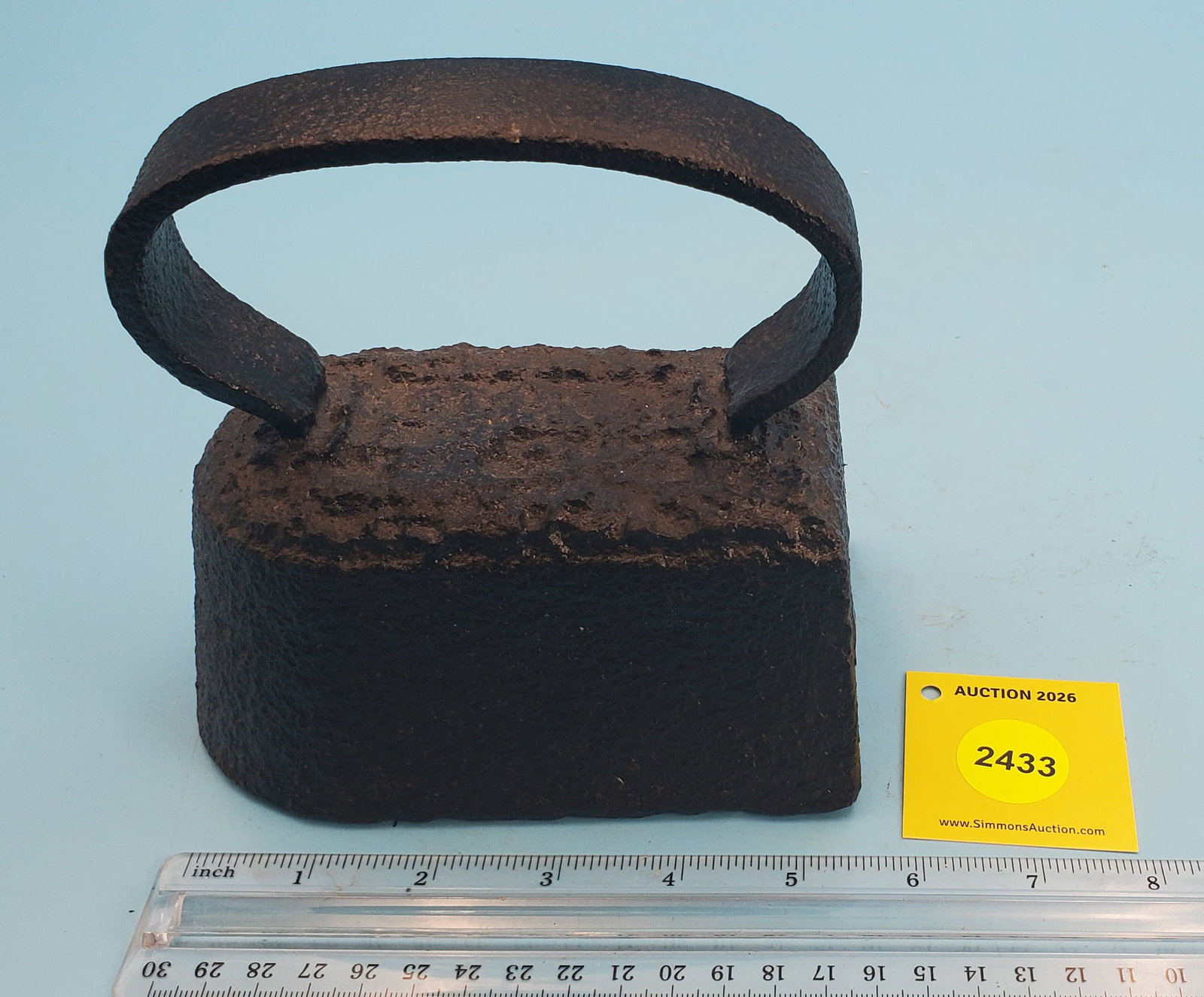 Hat Iron, rough bottom, no markings, strap handle, L 6": Hat Iron, rough bottom, no markings, strap handle, L 6"
