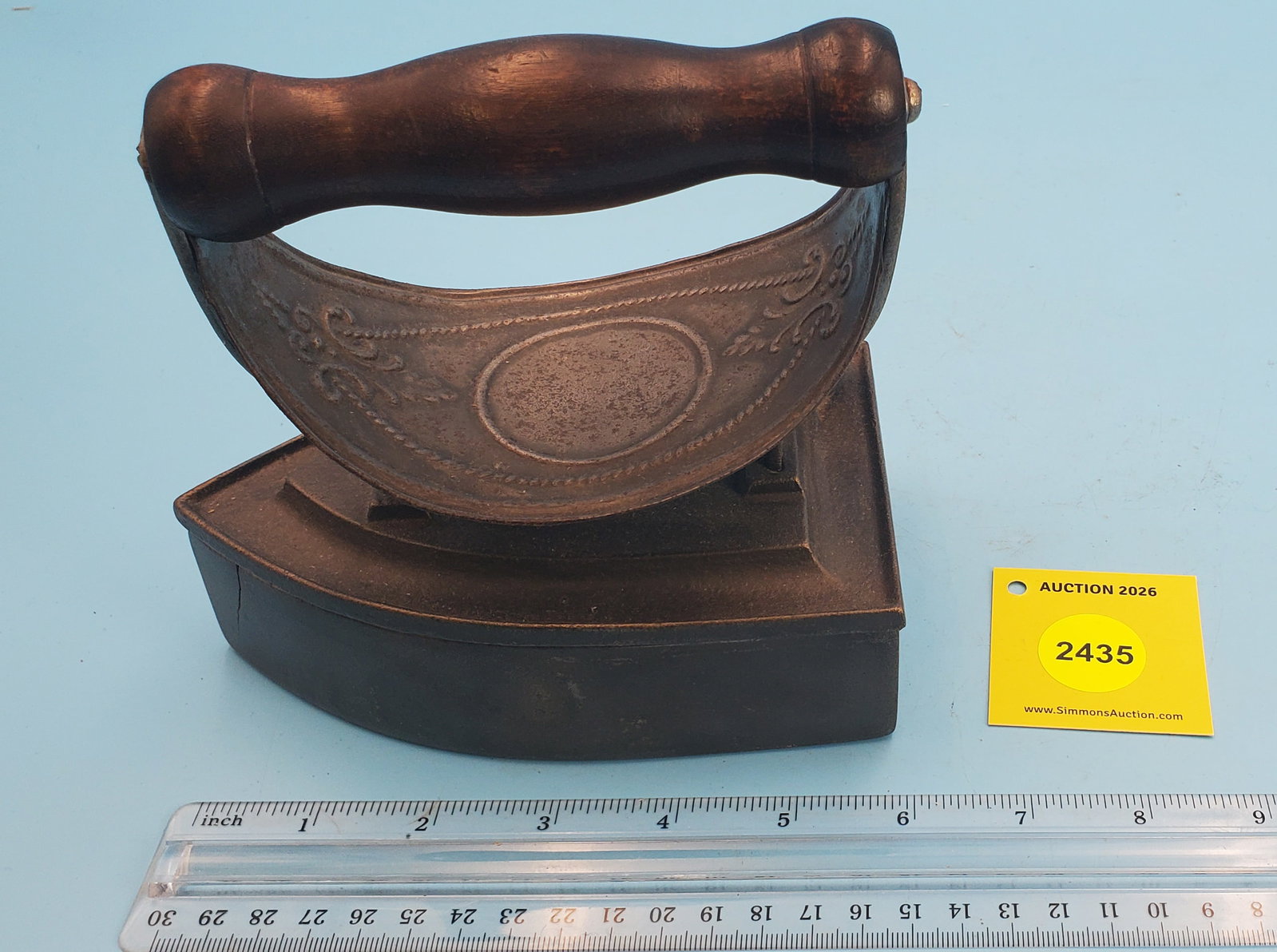 Slug iron, wood handle w/decorative heat shield, w/slug, L 6 1/8" (1 of 3)