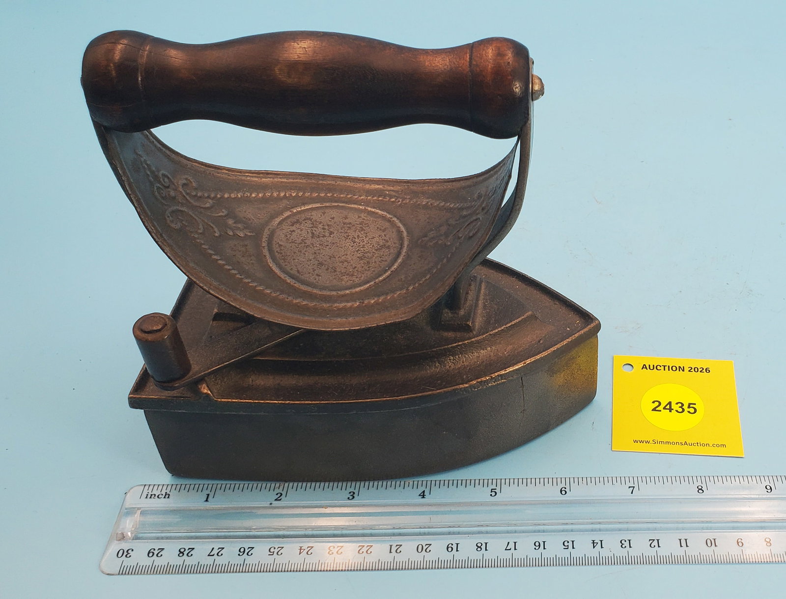Slug iron, wood handle w/decorative heat shield, w/slug, L 6 1/8" - 3
