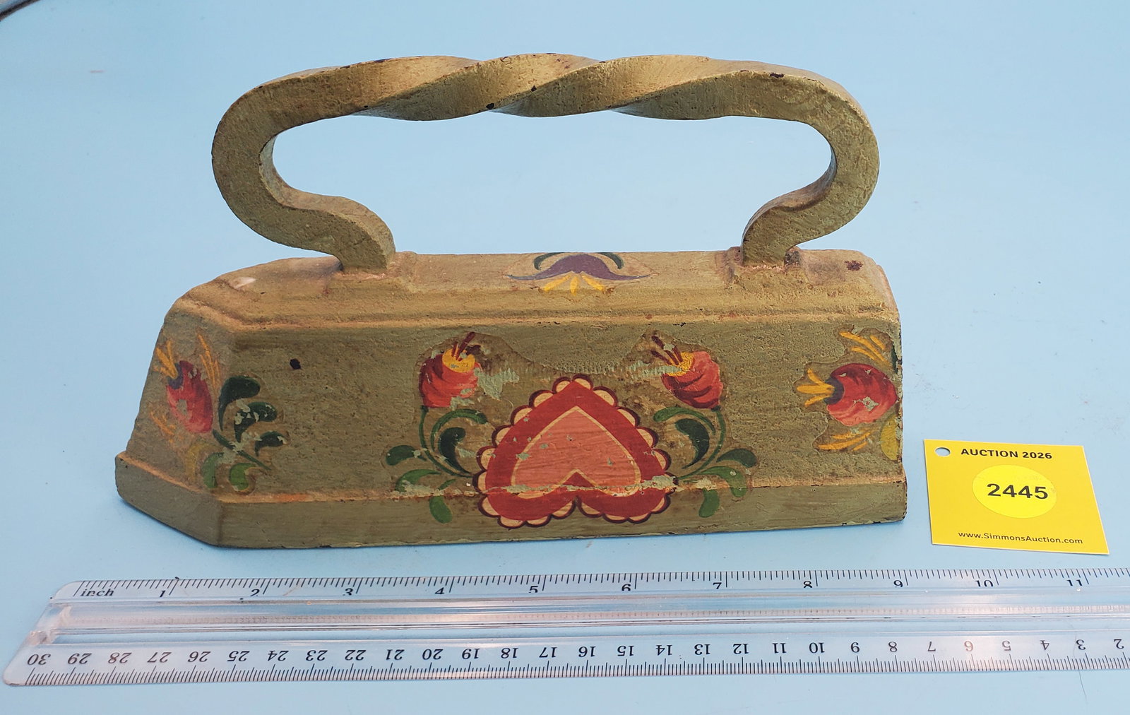 Tailor Iron, green, rope handle, w/painted flowers and hearts (1 of 2)