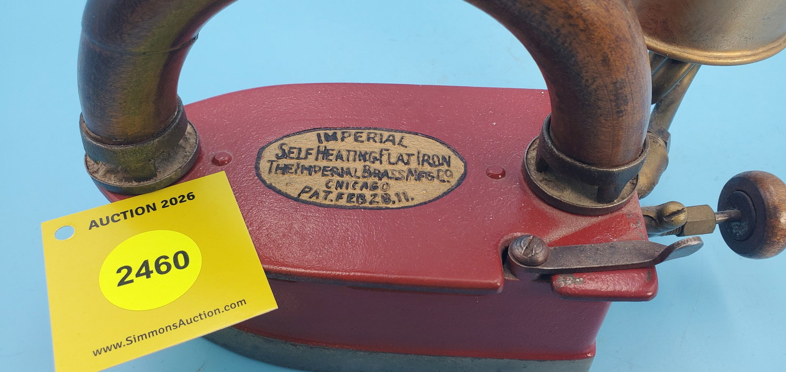 Gasoline, Imperial Self Heating Flat Iron, The Imperial Brass Mfg Co, Chicago, Ill, Pat Feb 28.11... - 2