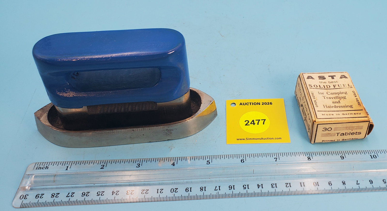 Travel Iron, DRGM, Made in Germany, blue handle, w/Asta Solid fuel, L 5 1/2" (1 of 2)