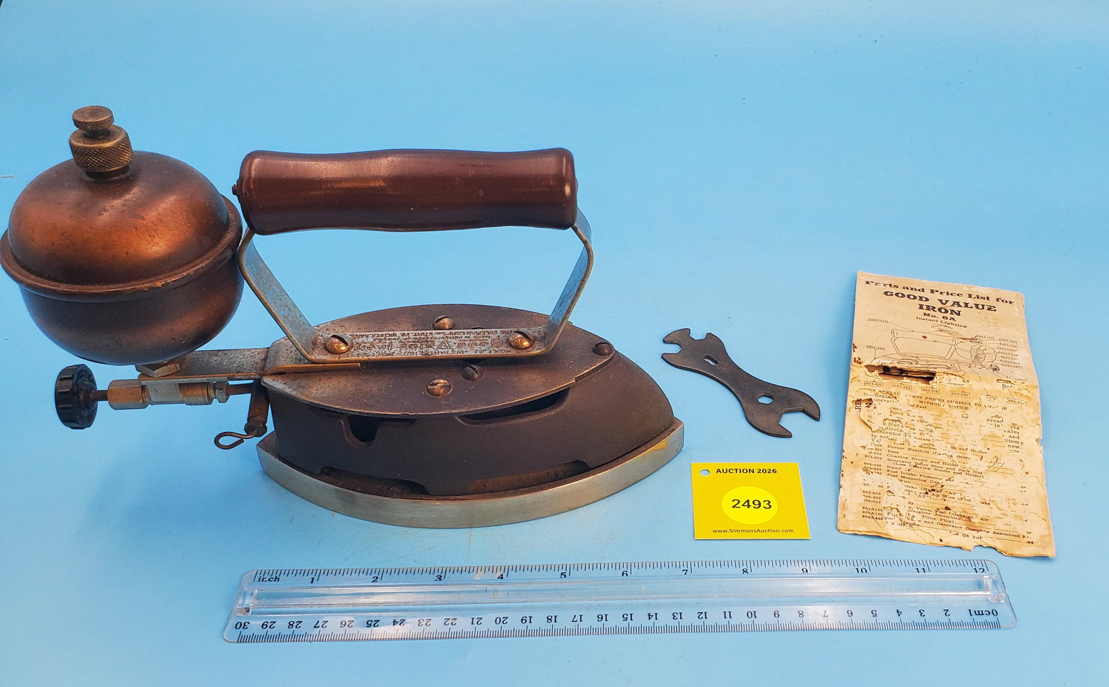 Gasoline, The Coleman Lamp & Stove Co., Wichita, Kansas, Good Value Iron, Model 8A, L 7 1/2" w/pr...: Gasoline, The Coleman Lamp & Stove Co., Wichita, Kansas, Good Value Iron, Model 8A, L 7 1/2" w/price and parts list