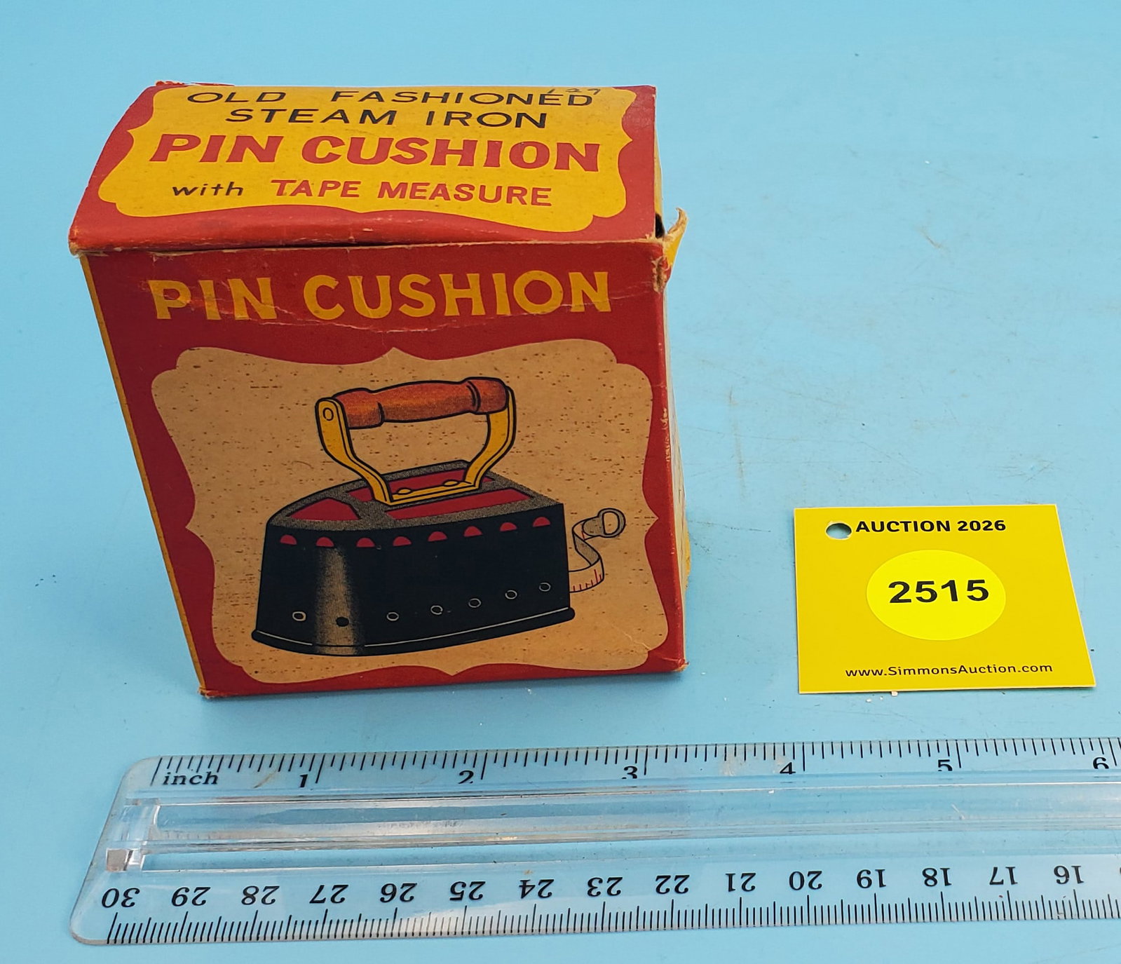 Pin Cushion w/tape measure in original box 1967, L 3" (1 of 2)