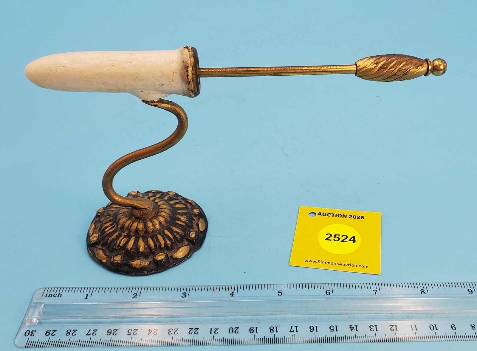 Goffering Iron, Single, "S" style standard and decorative round base, Height 4 1/2" B 3 1/4": Goffering Iron, Single, "S" style standard and decorative round base, Height 4 1/2" B 3 1/4"