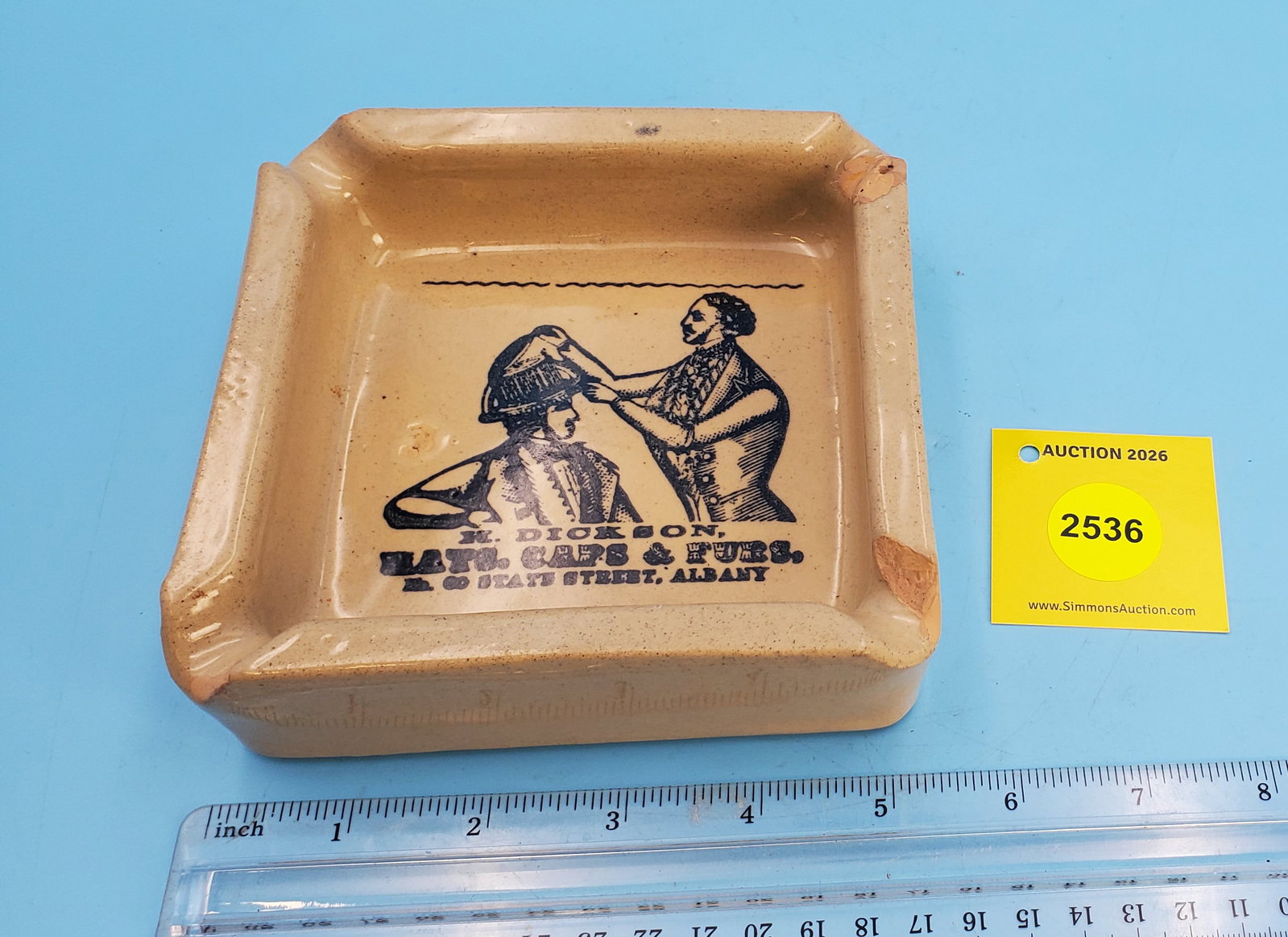 Ashtray, H Dickson, Hats, Caps, & Furs, Albany, Made in England 5 1/4 x 5 1/4 x 1 1/2": Ashtray, H Dickson, Hats, Caps, & Furs, Albany, Made in England 5 1/4 x 5 1/4 x 1 1/2"