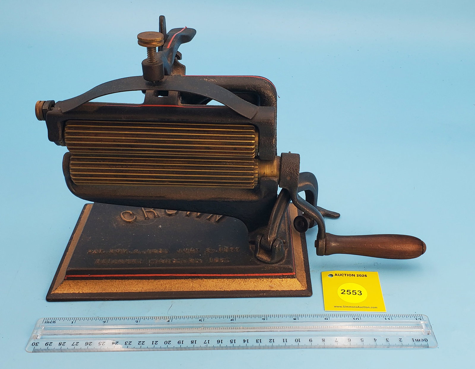 Machine, Crown, Pat Nov 2 1875, July 3 1877, Reissued March 23 1880, AM Mach Co., Phila PA, crown...: Machine, Crown, Pat Nov 2 1875, July 3 1877, Reissued March 23 1880, AM Mach Co., Phila PA, crown decal yellow/red pinstriping on black, Roll 5 7/8", no heater rods