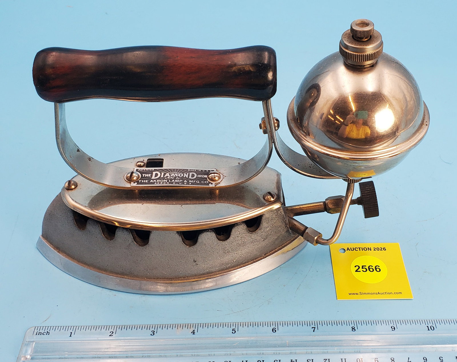 Gasoline, The Diamond Iron, Mfg by the Akron Lamp Co., Akron Ohio, Pat appd for, Made in USA, early: Gasoline, The Diamond Iron, Mfg by the Akron Lamp Co., Akron Ohio, Pat appd for, Made in USA, early 1900, L 7 1/2"