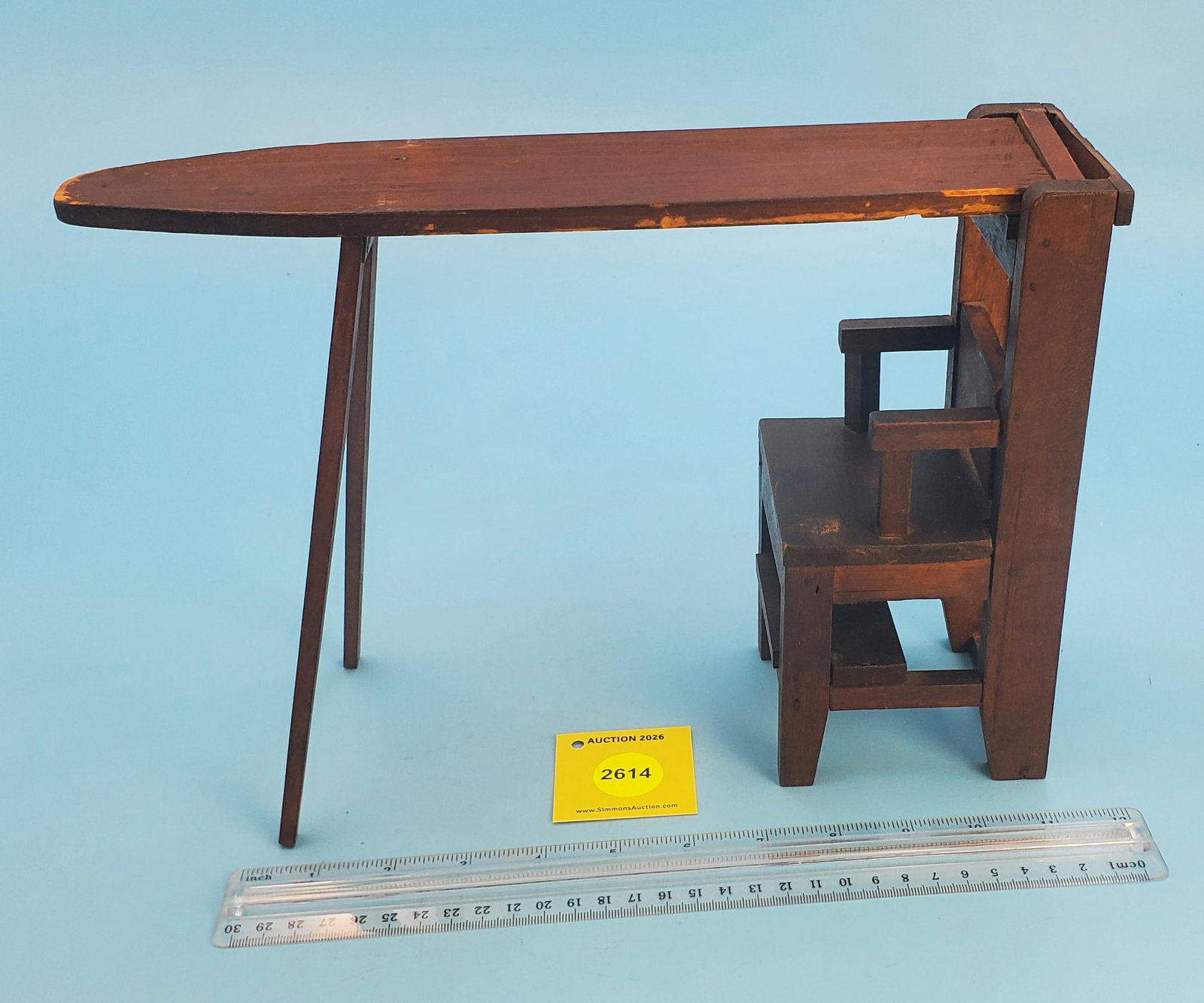 Vintage miniature wood chair, childs toy, highback w/built in ironing board - 3