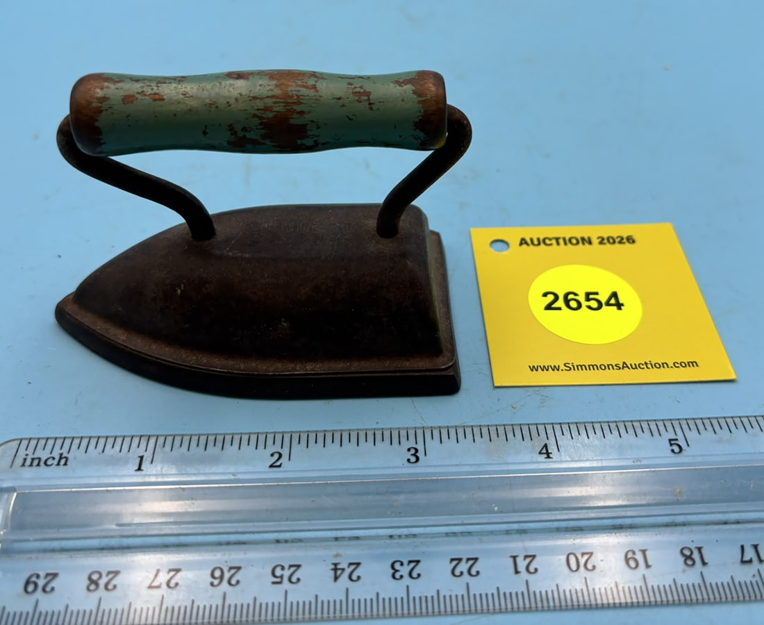 Toy iron, wood handle, L 2 7/8": Toy iron, wood handle, L 2 7/8"