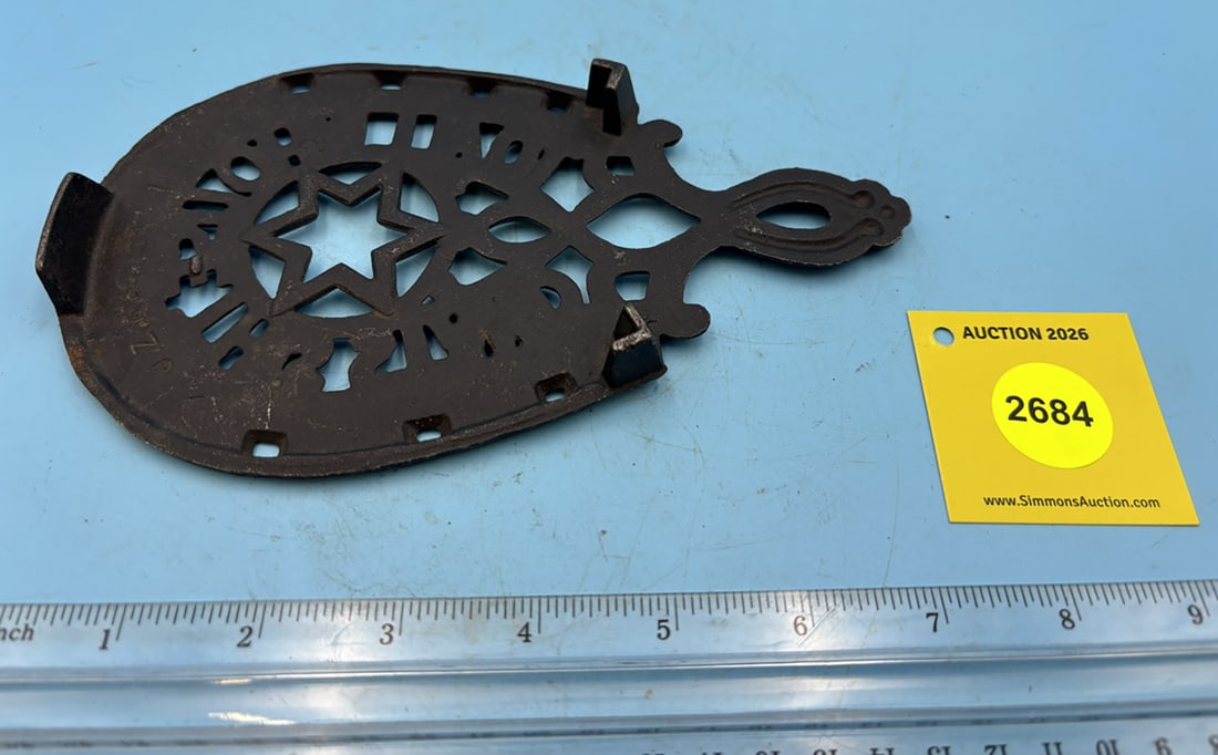 "Good Luck to all who use this stand" in horseshoe JZH trivet w/ three legs - 2