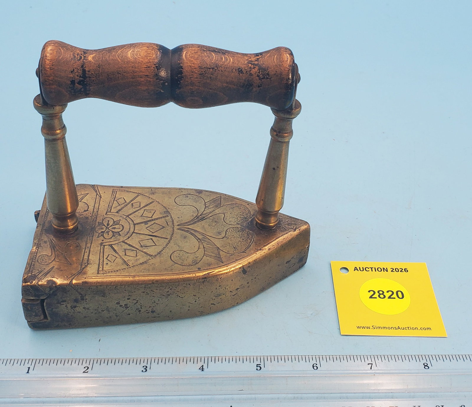 Brass box iron w/engraved top, swing gate, w/slug - 2