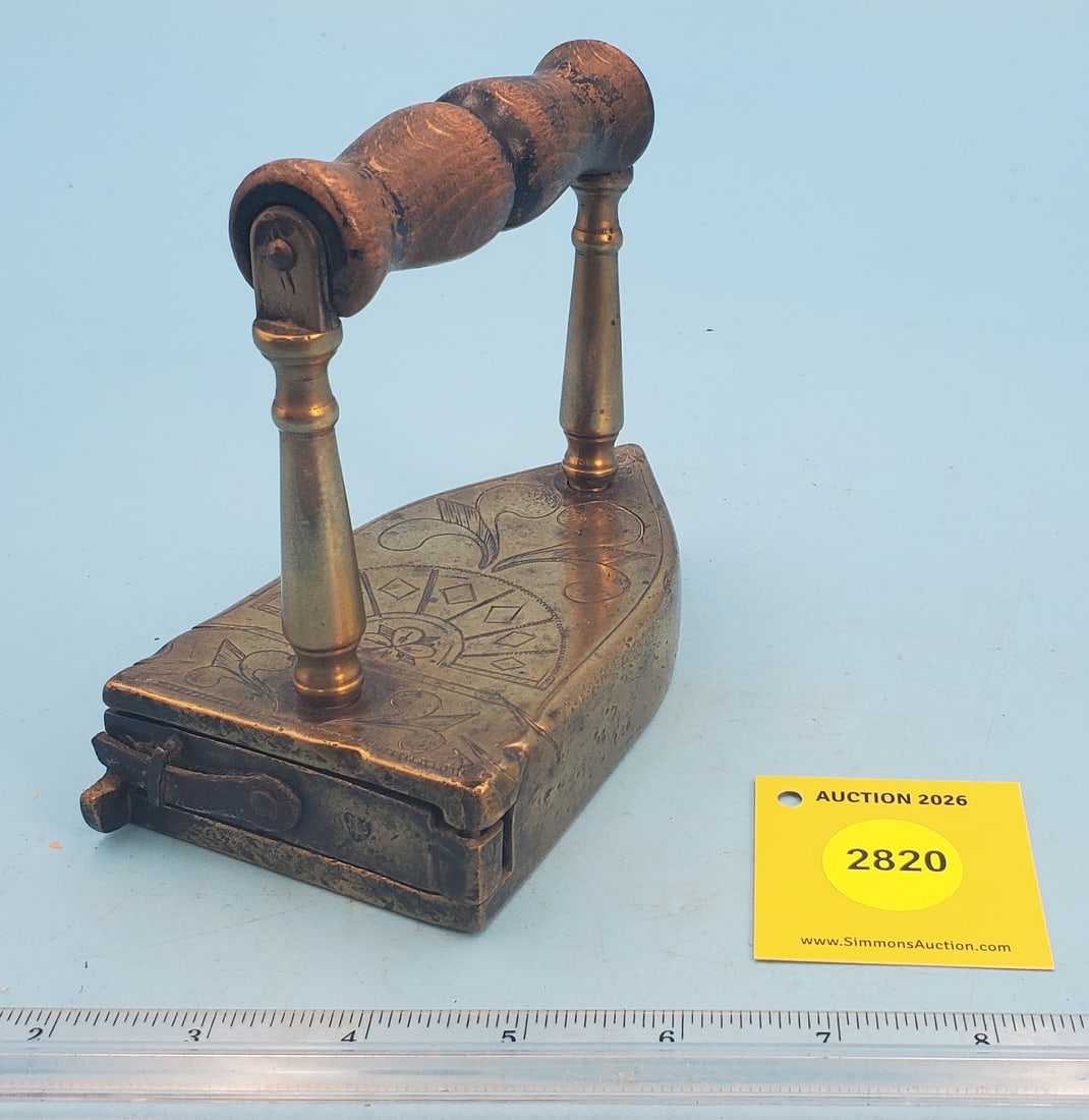 Brass box iron w/engraved top, swing gate, w/slug - 3