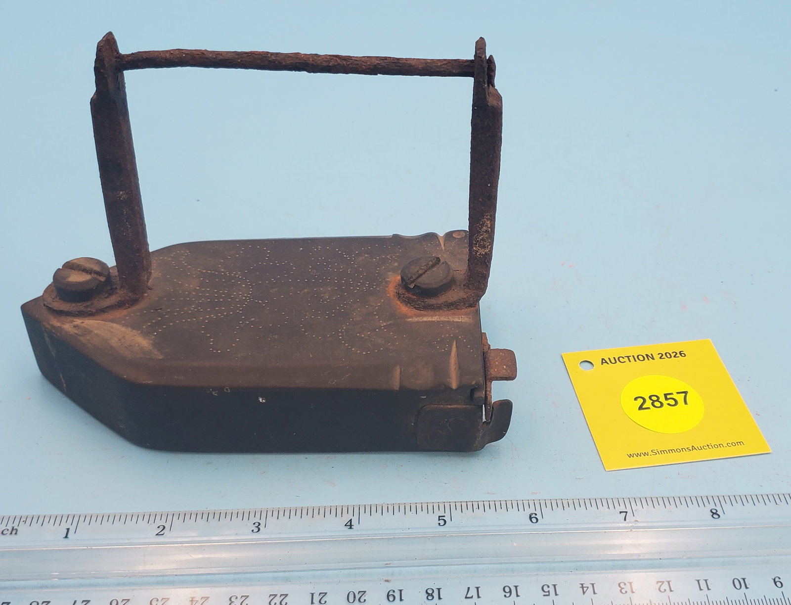 Box iron w/ swing gate, floral design of dots and slug . Wood hand grip missing: Box iron w/ swing gate, floral design of dots and slug . Wood hand grip missing