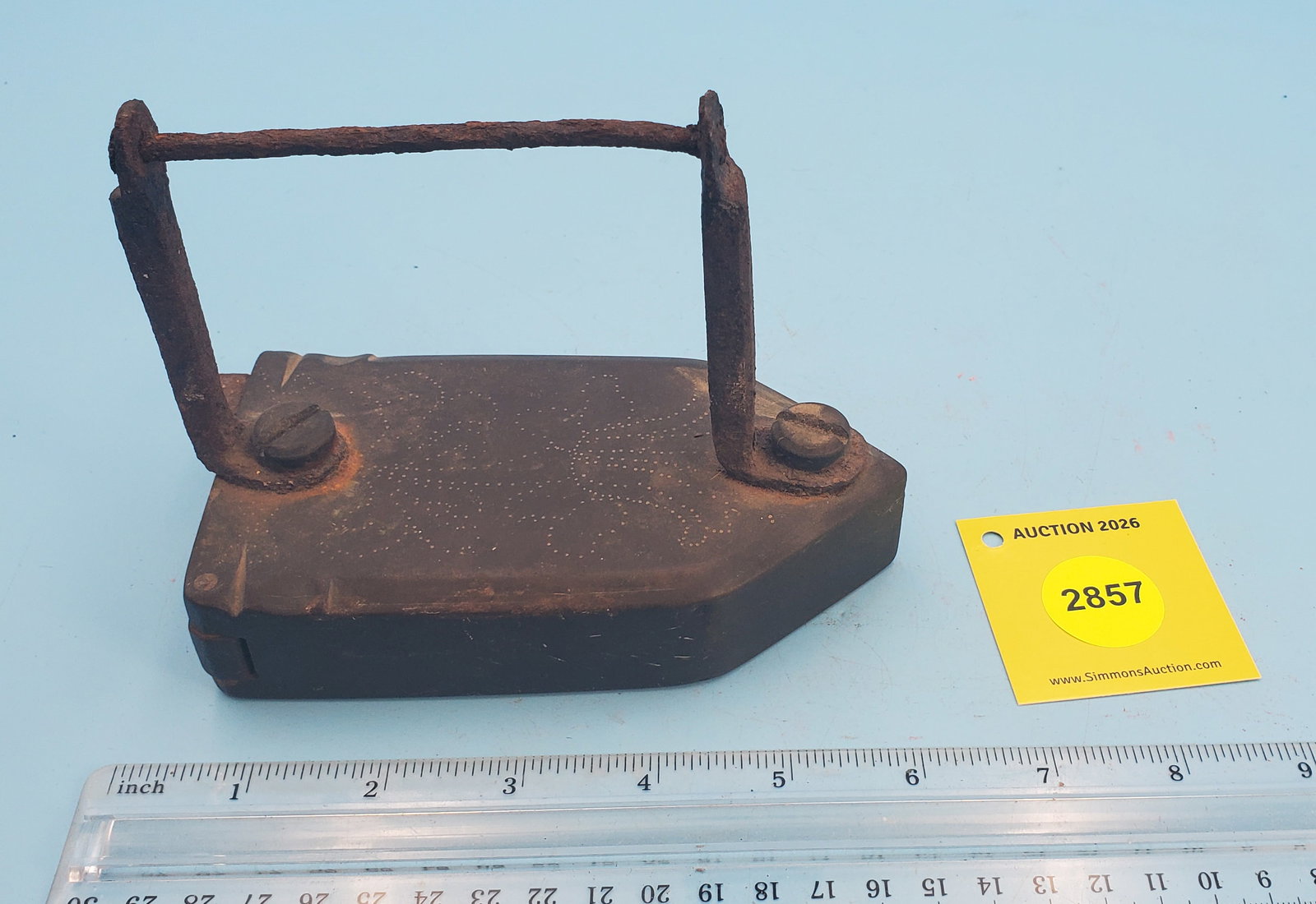 Box iron w/ swing gate, floral design of dots and slug . Wood hand grip missing - 2