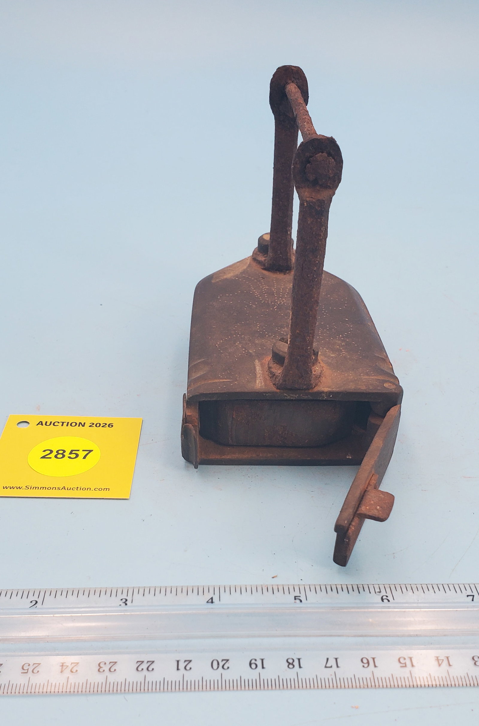 Box iron w/ swing gate, floral design of dots and slug . Wood hand grip missing - 3