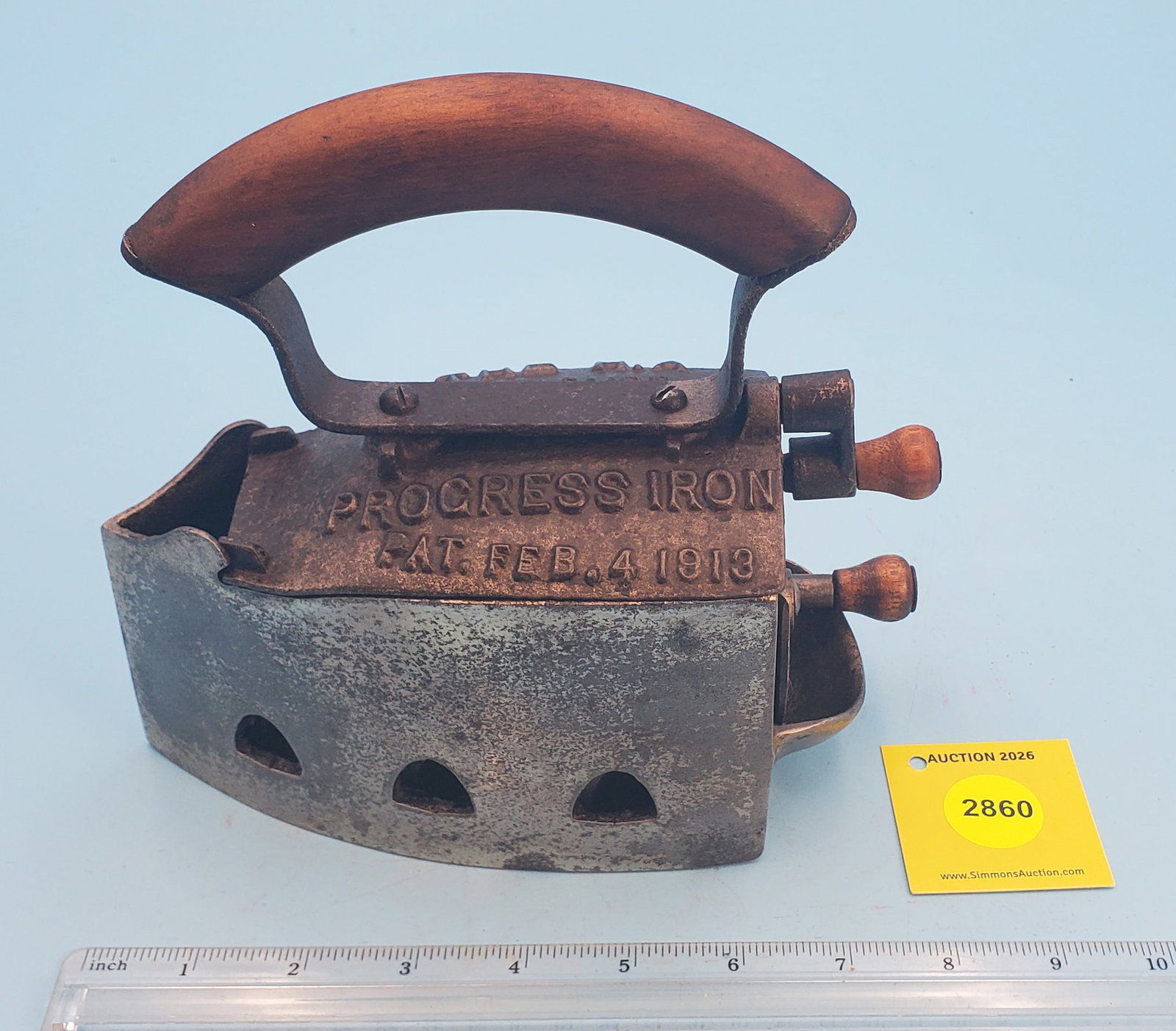 The HA Improved Charcoal Iron, progress iron, Lift off lid. PAT Feb. 4, 1913: The HA Improved Charcoal Iron, progress iron, Lift off lid. PAT Feb. 4, 1913