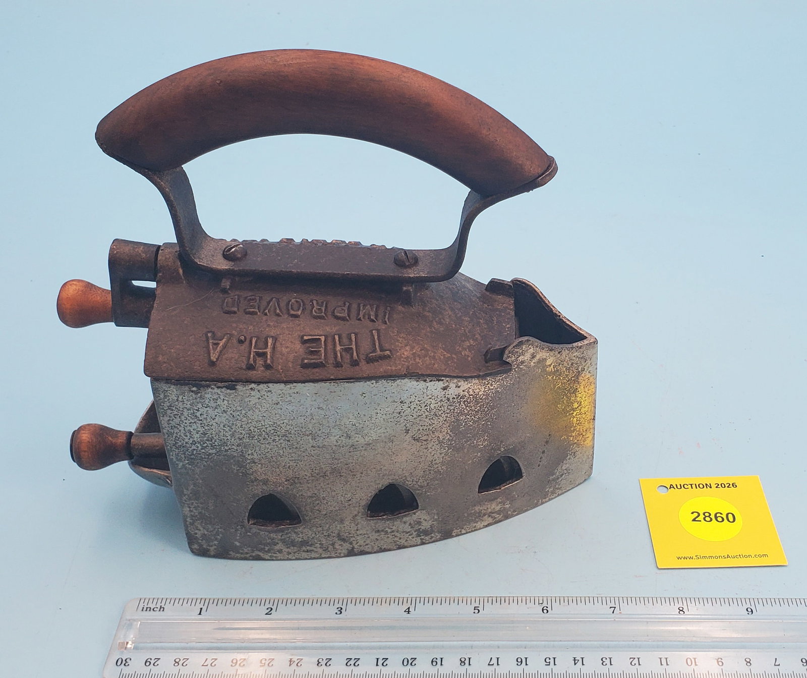 The HA Improved Charcoal Iron, progress iron, Lift off lid. PAT Feb. 4, 1913 - 2