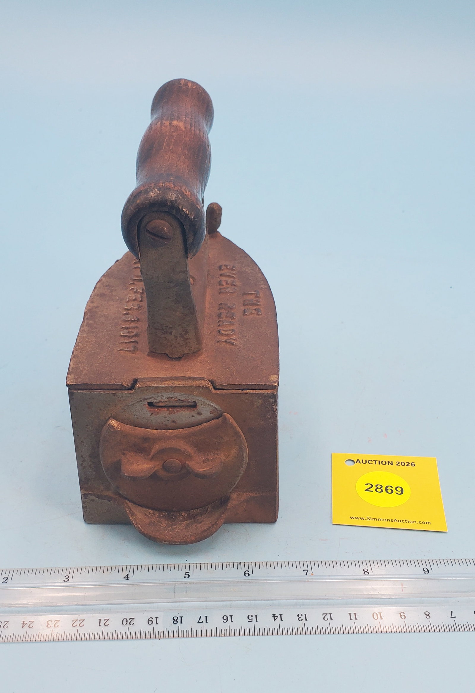 The Every Ready charcoal iron, flat back, lift off lid, pat Feb 1917 - 2