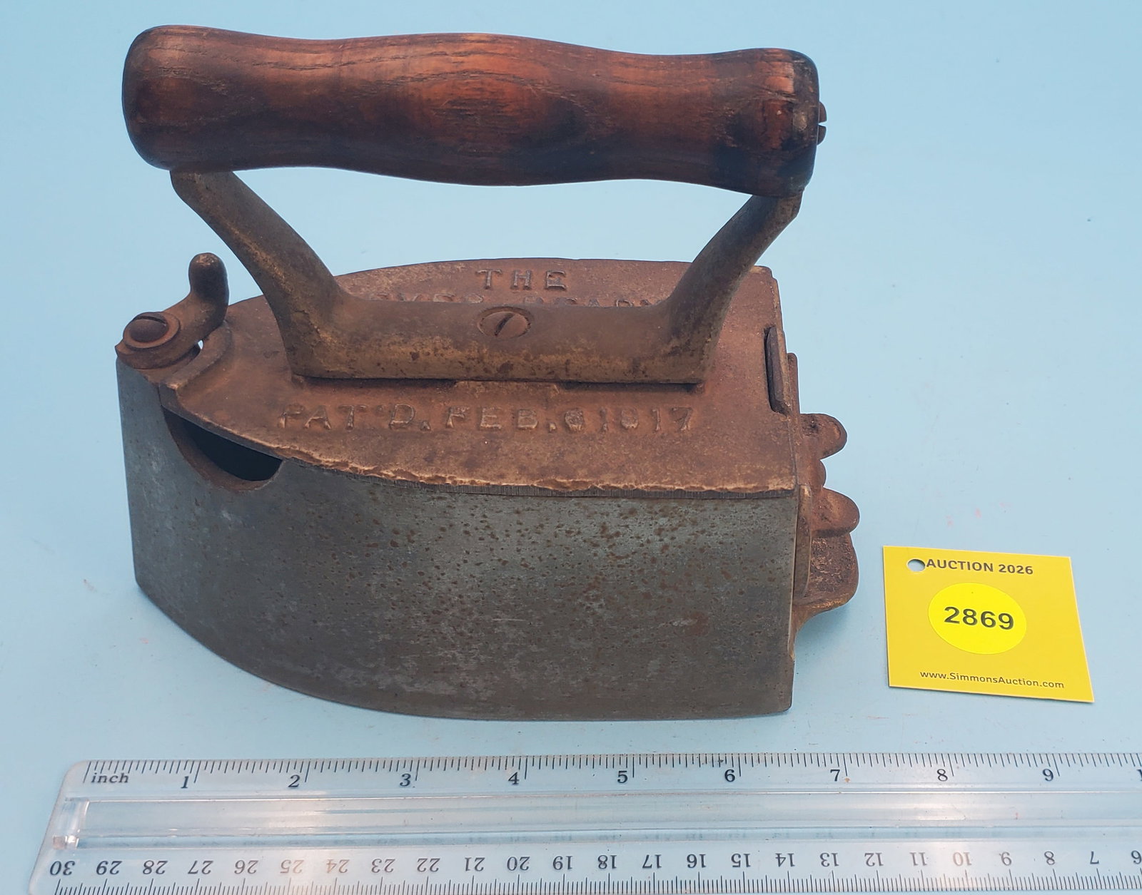The Every Ready charcoal iron, flat back, lift off lid, pat Feb 1917 - 3