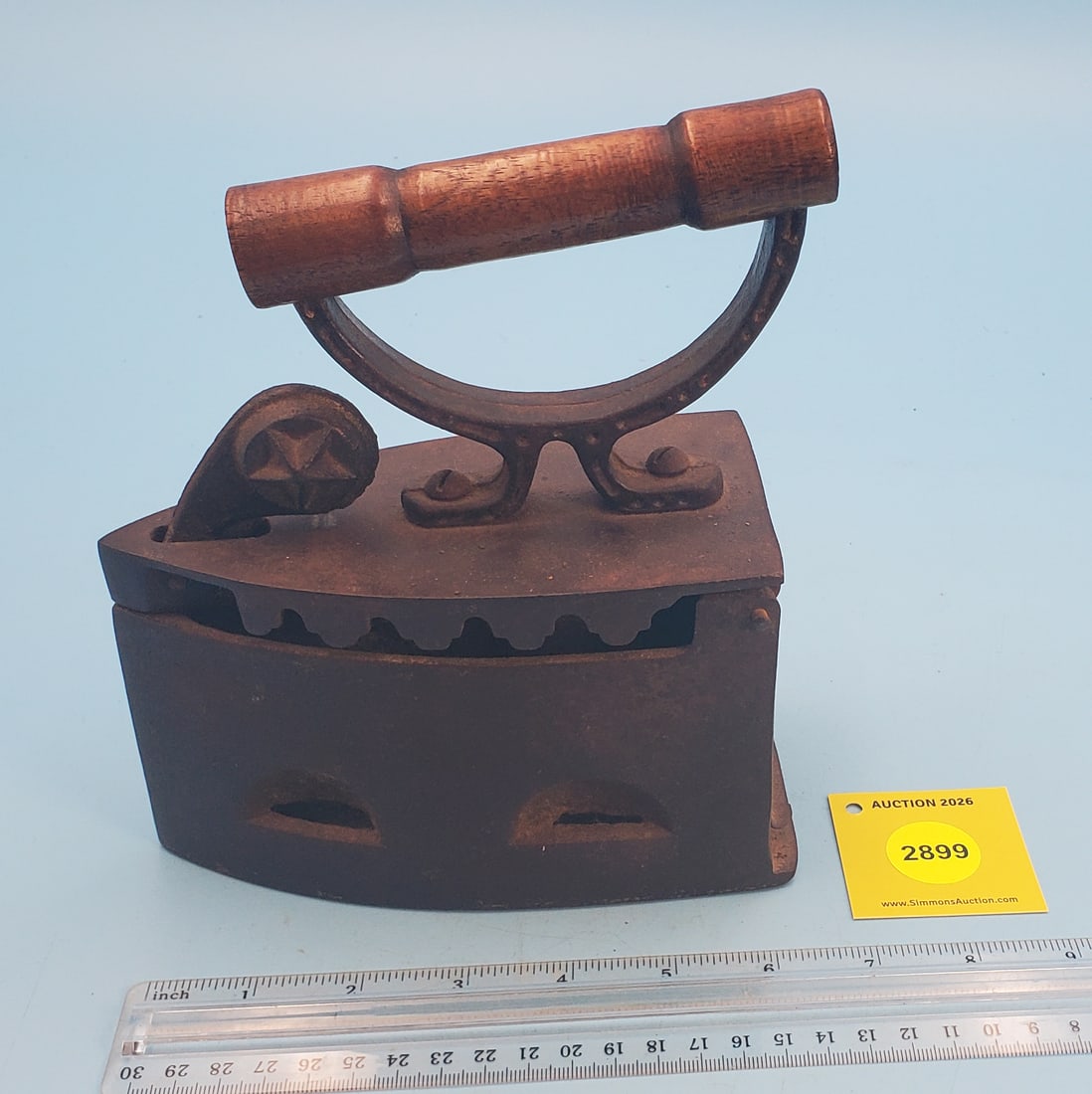 Flat back Charcoal iron, Star on knob to release hindged top: Flat back Charcoal iron, Star on knob to release hindged top