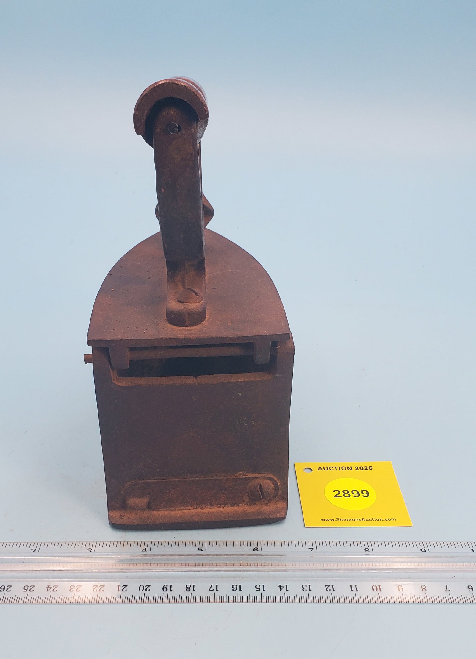 Flat back Charcoal iron, Star on knob to release hindged top - 2