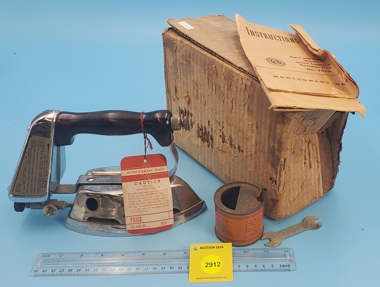 Quick lighting gasoline iron, Montgomery Ward, w/box gas can, wrench, and instructions: Quick lighting gasoline iron, Montgomery Ward, w/box gas can, wrench, and instructions
