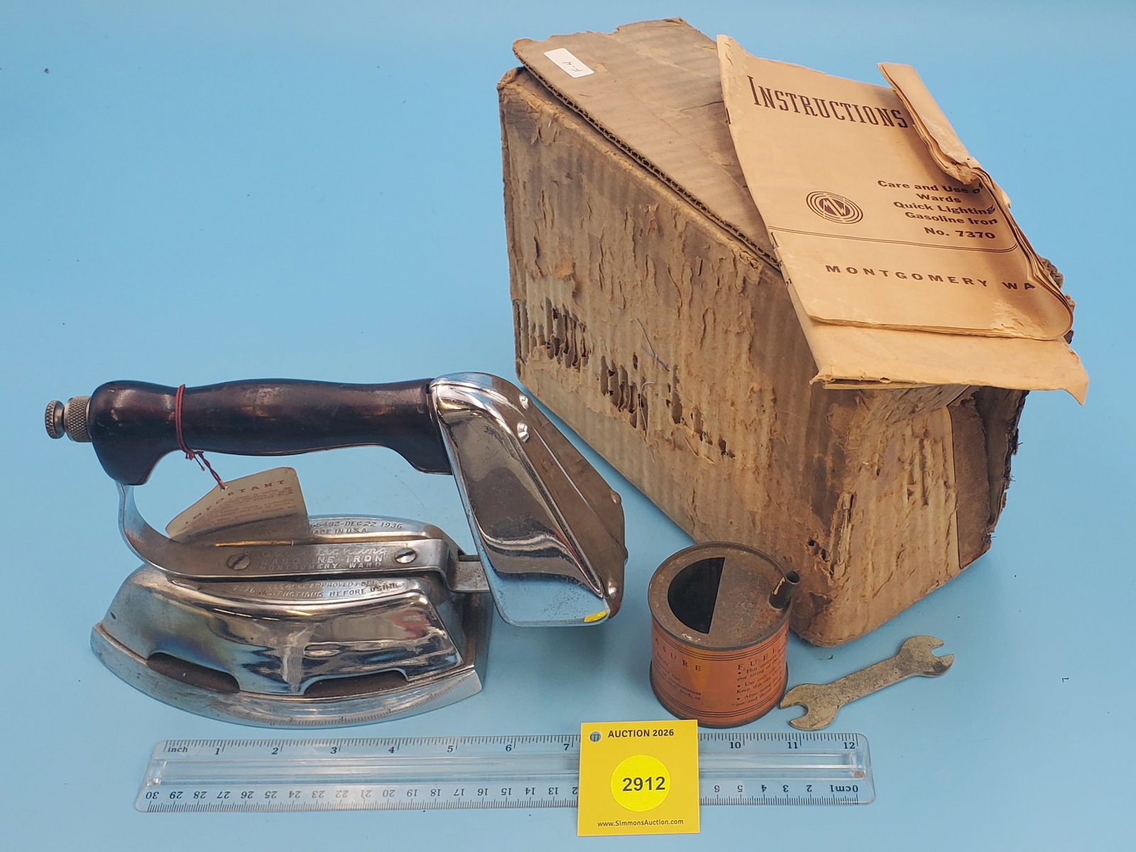 Quick lighting gasoline iron, Montgomery Ward, w/box gas can, wrench, and instructions - 2