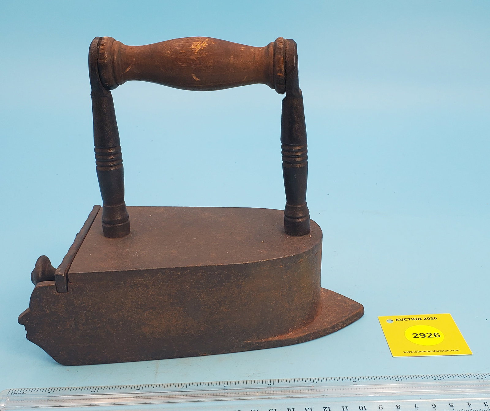 Box iron, front sole extended, an's profile on back side extension w/slug: Box iron, front sole extended, an's profile on back side extension w/slug