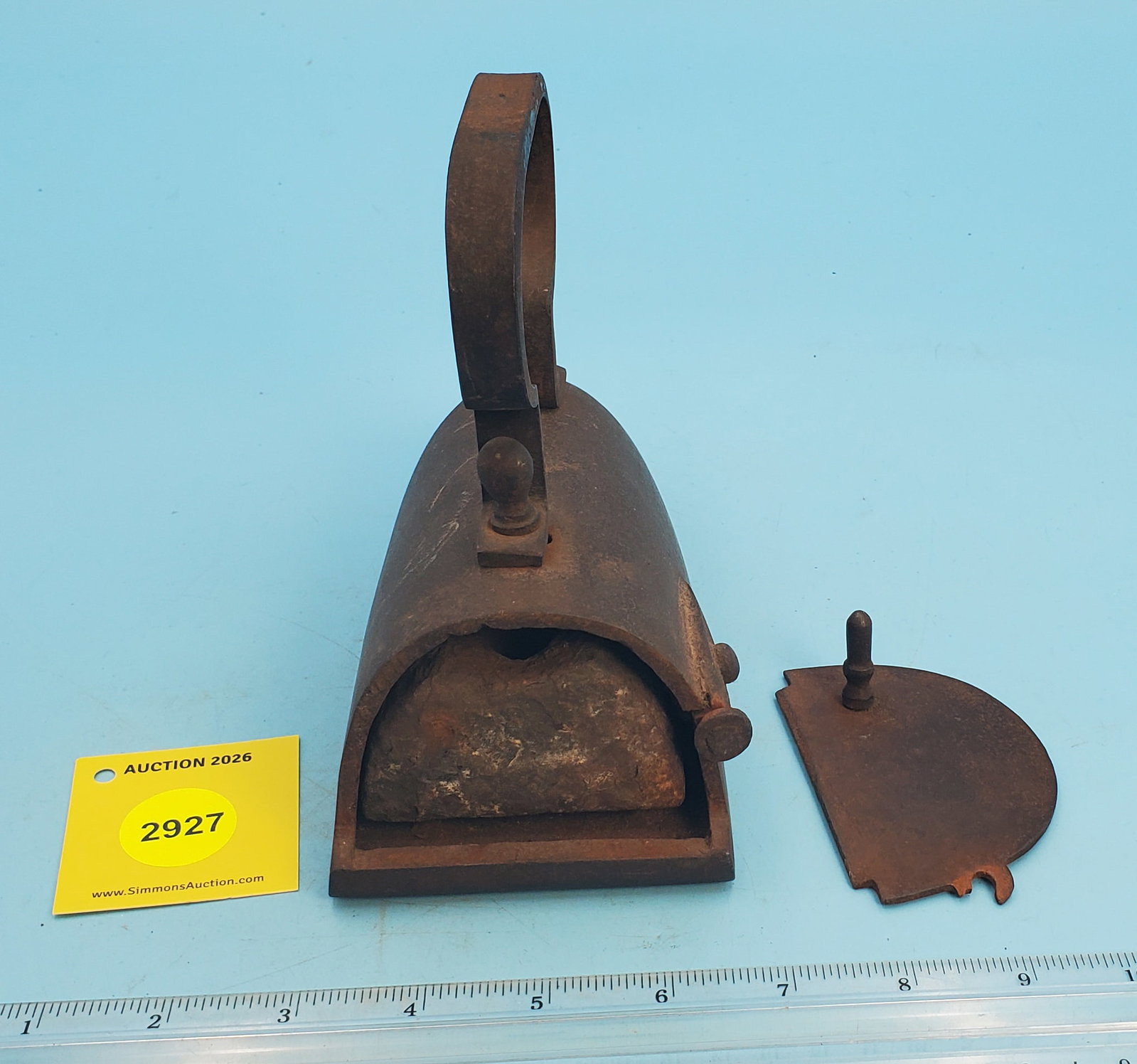 Box iron w/semi-circular swing door, slug door broken, w/slug - 2