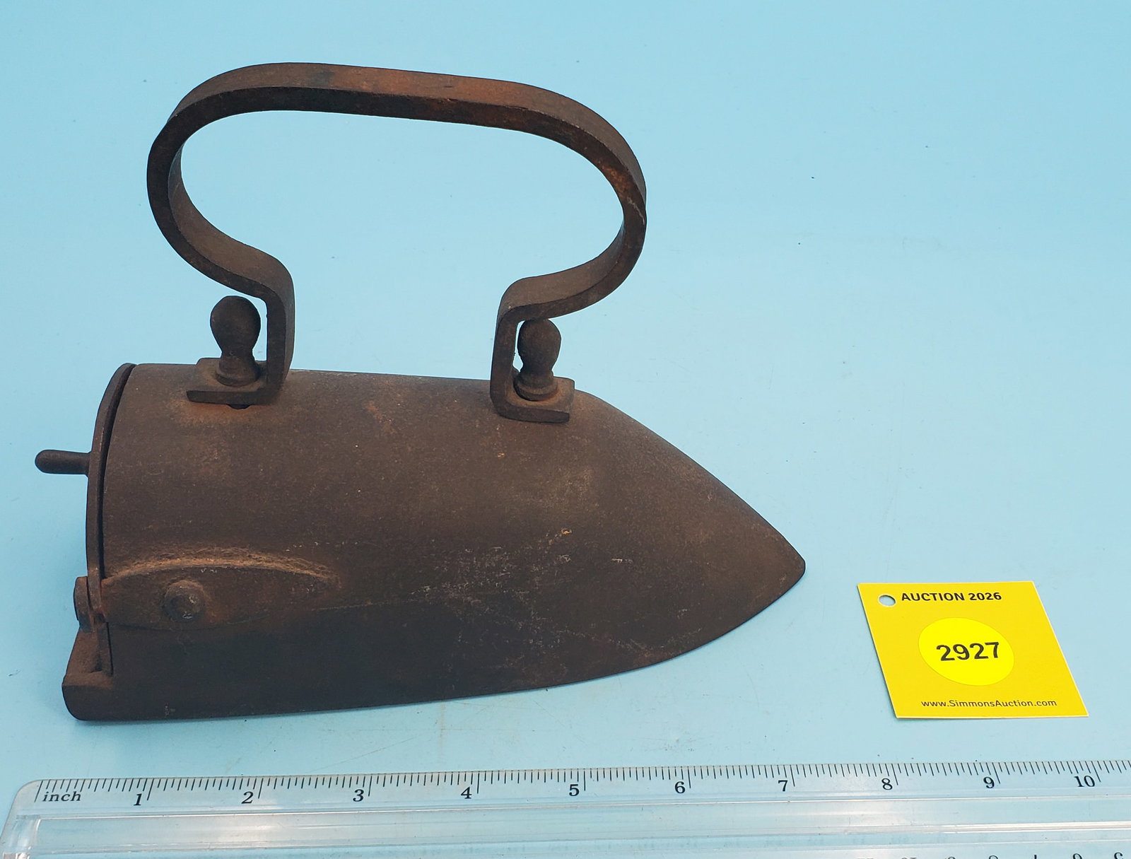 Box iron w/semi-circular swing door, slug door broken, w/slug - 3