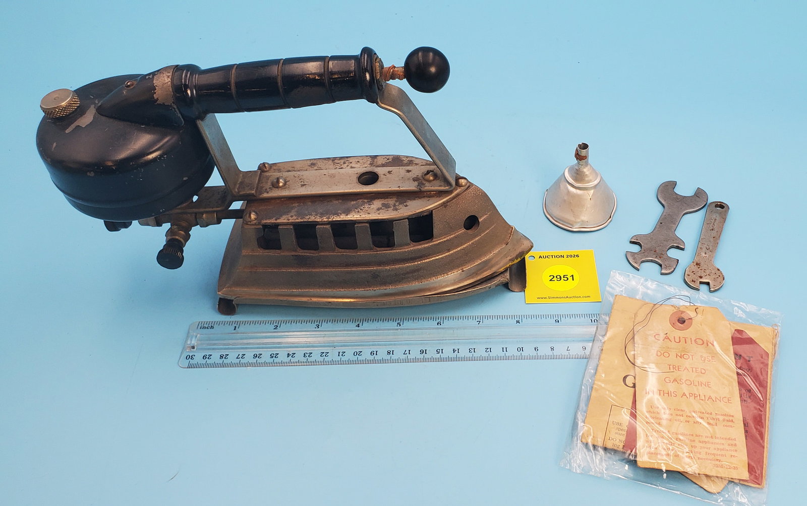 Gasoline iron, black tank and handle, pump in handle, w/trivet, wrench, funnel and booklet - 2