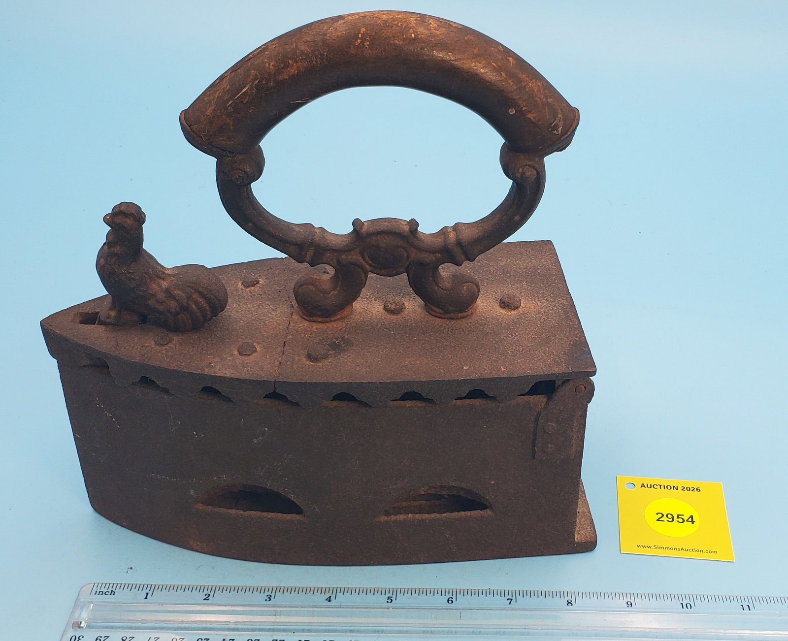 Flat back charcoal iron, Rooster on knob to realease hinged top, to cracked, gate missing: Flat back charcoal iron, Rooster on knob to realease hinged top, to cracked, gate missing