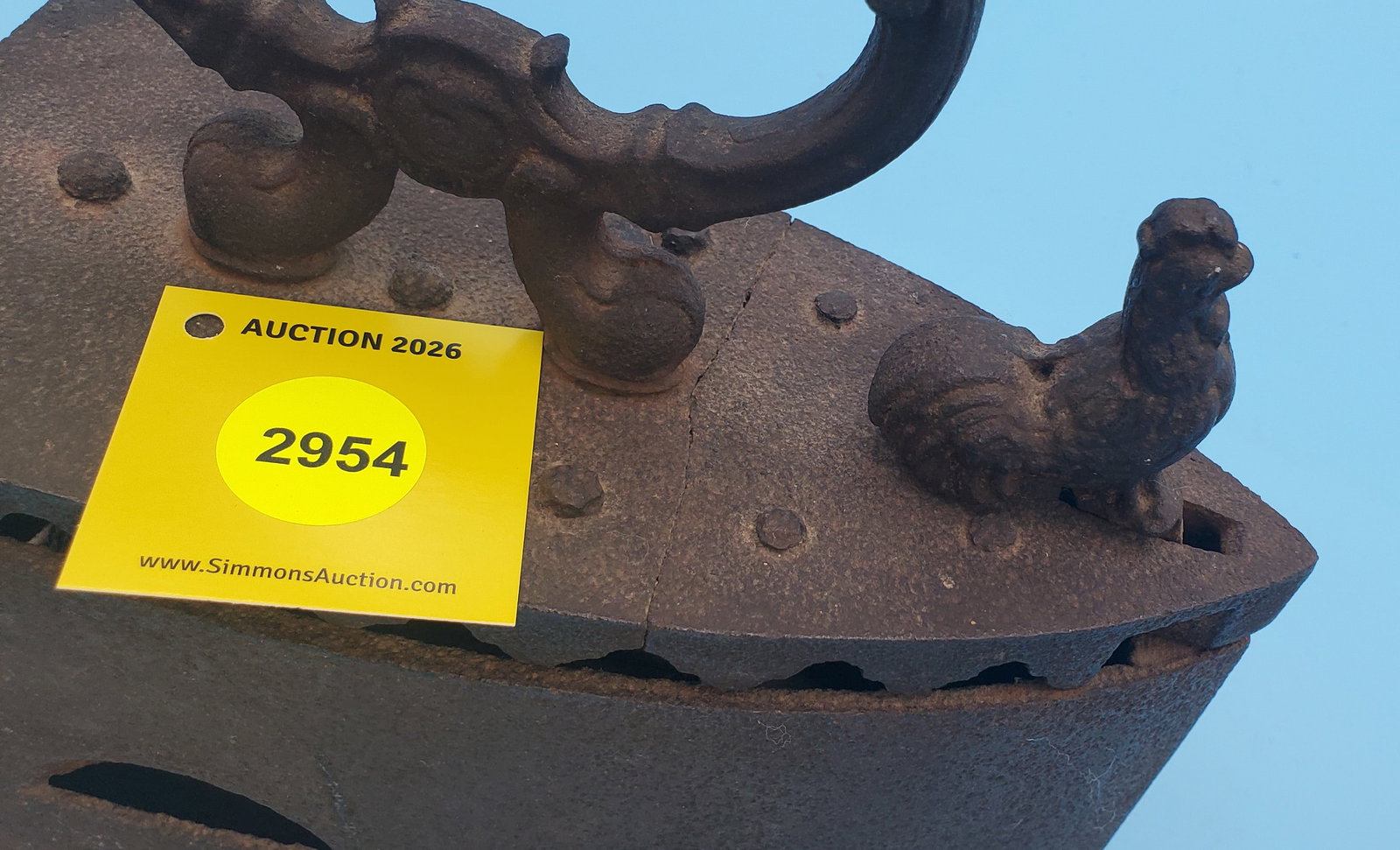 Flat back charcoal iron, Rooster on knob to realease hinged top, to cracked, gate missing - 2