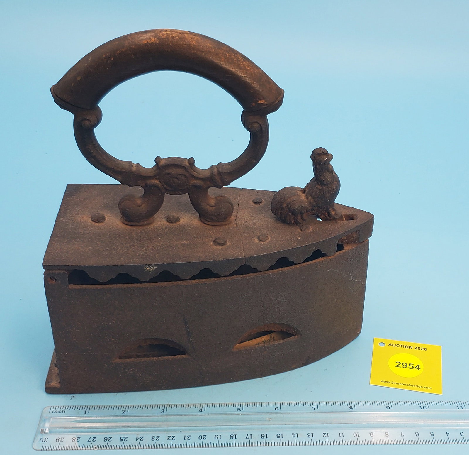 Flat back charcoal iron, Rooster on knob to realease hinged top, to cracked, gate missing - 3