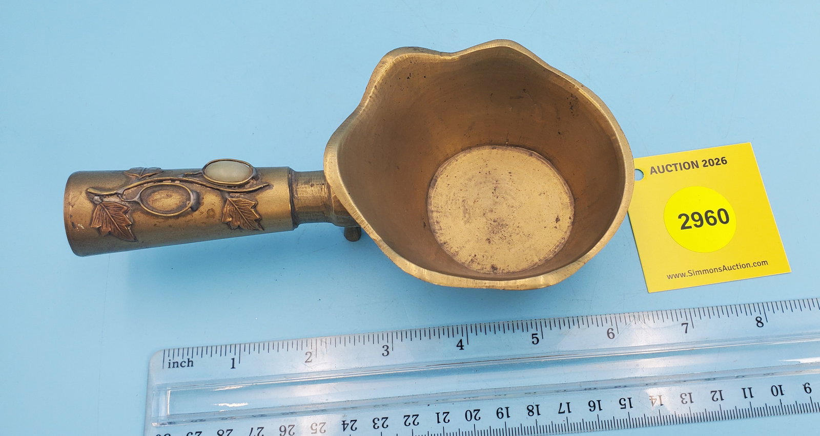 Chinese pan iron, brass w/decorated handle - 2