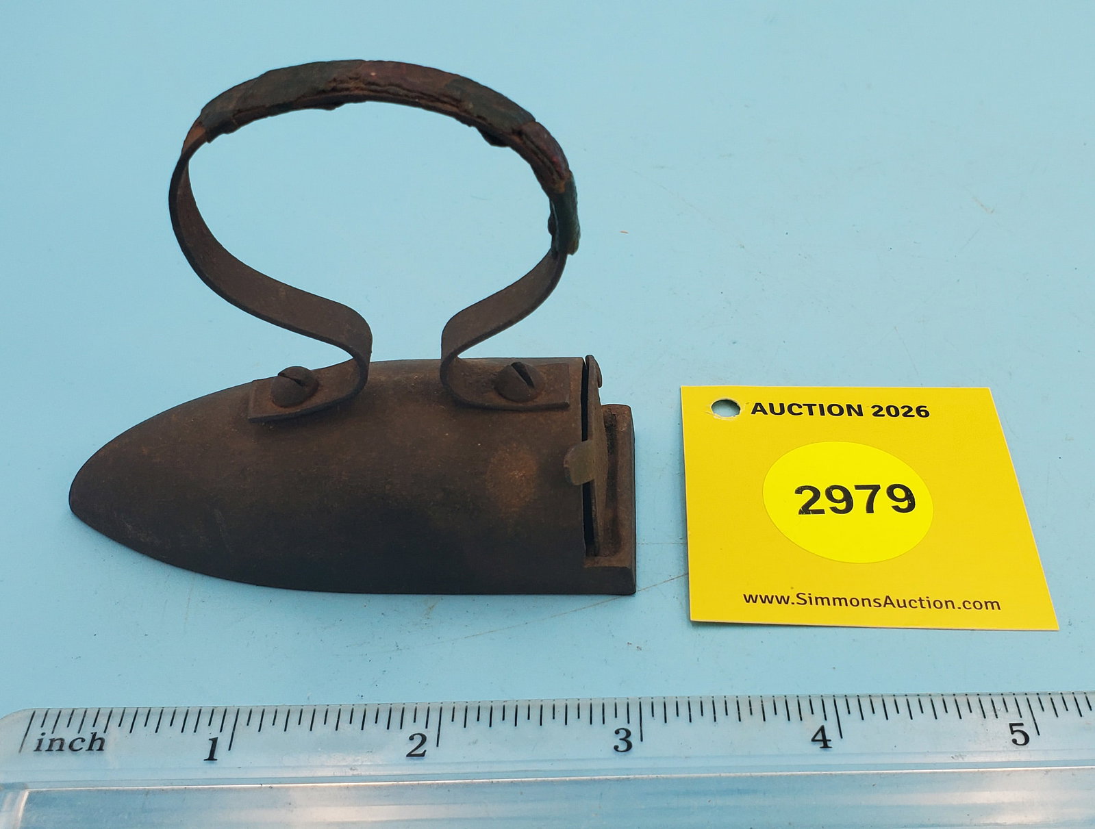 Child's box iron w/swing gate, thin strap handle, no slug: Child's box iron w/swing gate, thin strap handle, no slug