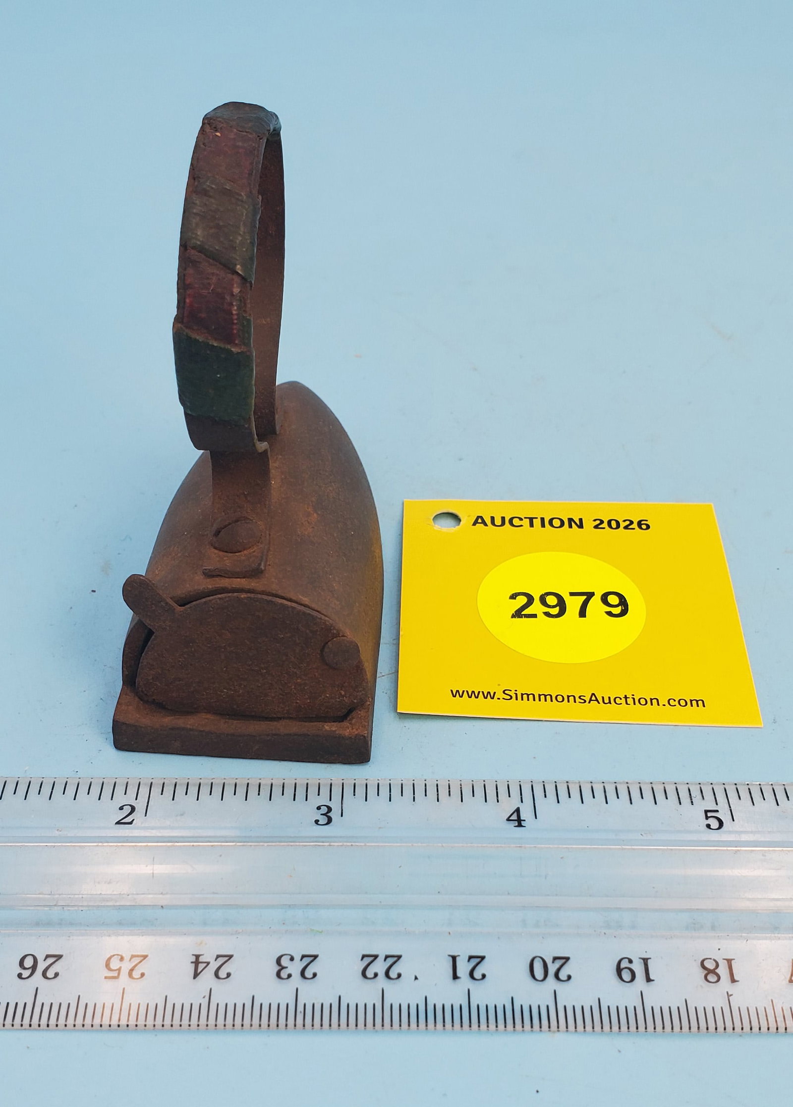 Child's box iron w/swing gate, thin strap handle, no slug - 2