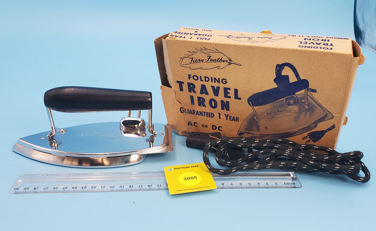 Fiery Feather folding travel iron, Gorgle Mfg Co w/original box: Fiery Feather folding travel iron, Gorgle Mfg Co w/original box