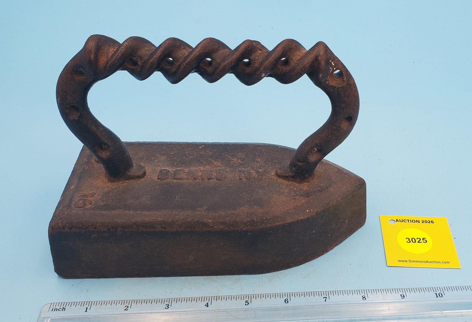 Tailor's iron, #16, Benns New York, twisted round rod handle: Tailor's iron, #16, Benns New York, twisted round rod handle