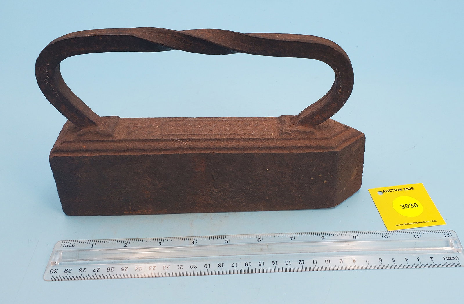Tailor's iron, illegible name in rectangular frame, #14, twisted square rod handle (1 of 2)