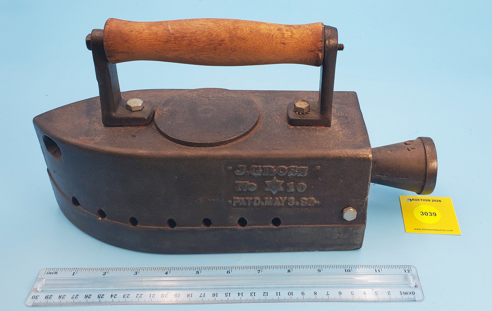 Commercial laundry steam iron, L Behrstock Co. Chicago Pat 1892 (1 of 2)