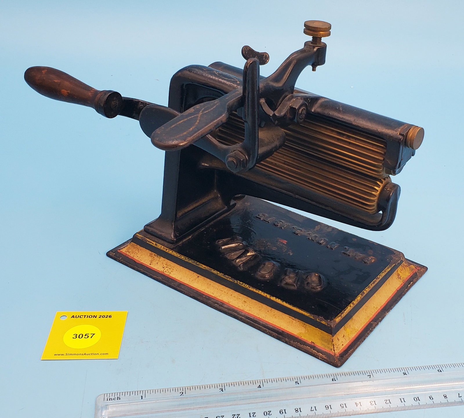 Machine, Crown, Pat Nov 2, 1875, AM Mach Co, Phila PA, yellow/red pinstriping on black, Roll 6", no (1 of 3)